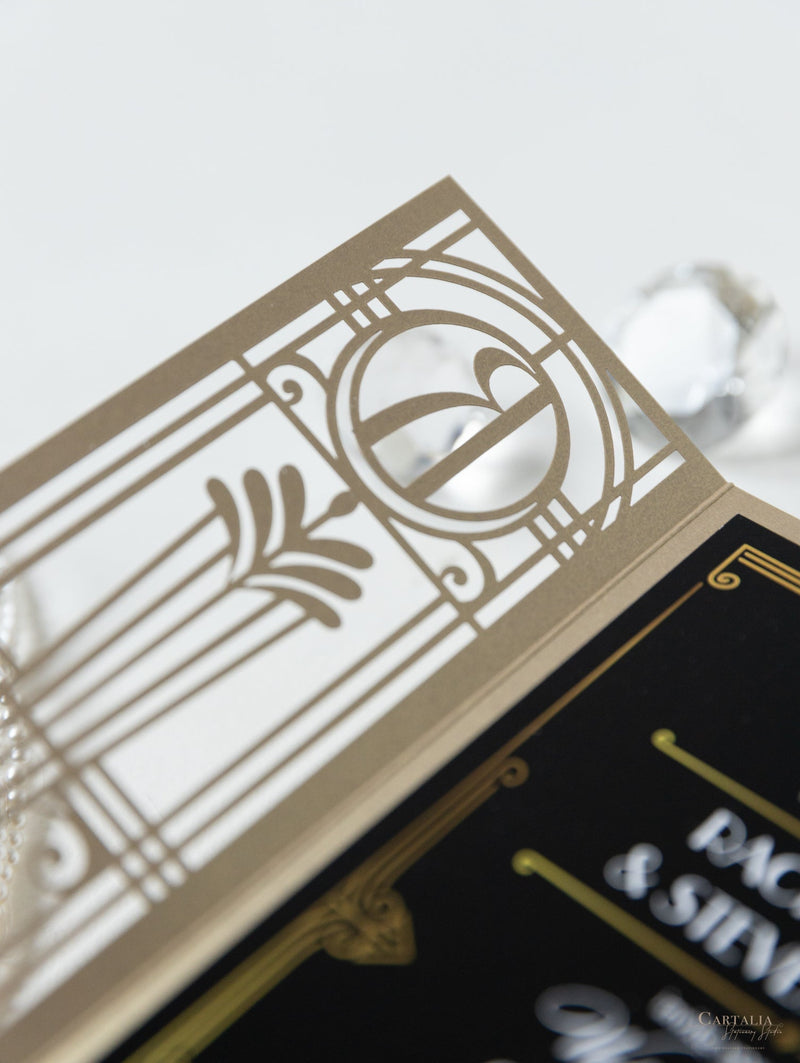 Invito per il giorno delle nozze apribile con taglio laser Art Deco del Grande Gatsby nero e oro