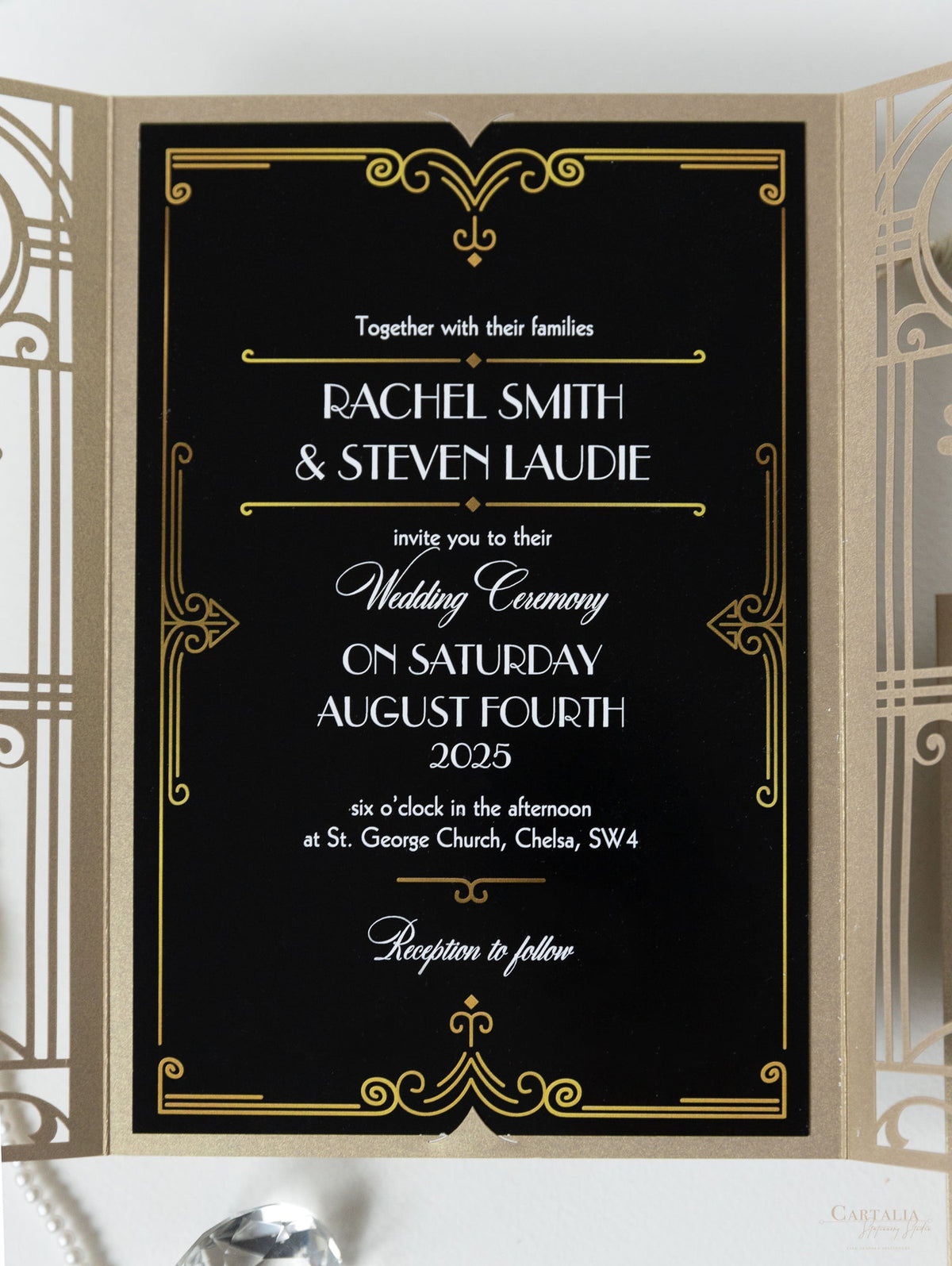 Black & Gold Art Deco Great Gatsby Laser Cut Gatefold Wedding Day Invitation