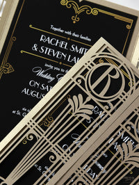 Black & Gold Art Deco Great Gatsby Laser Cut Gatefold Le jour du mariage Invitation