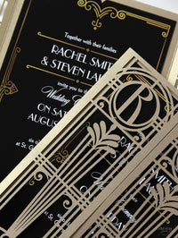 Invitación plegable para el día de la boda con corte láser del Gran Gatsby Art Déco en negro y dorado