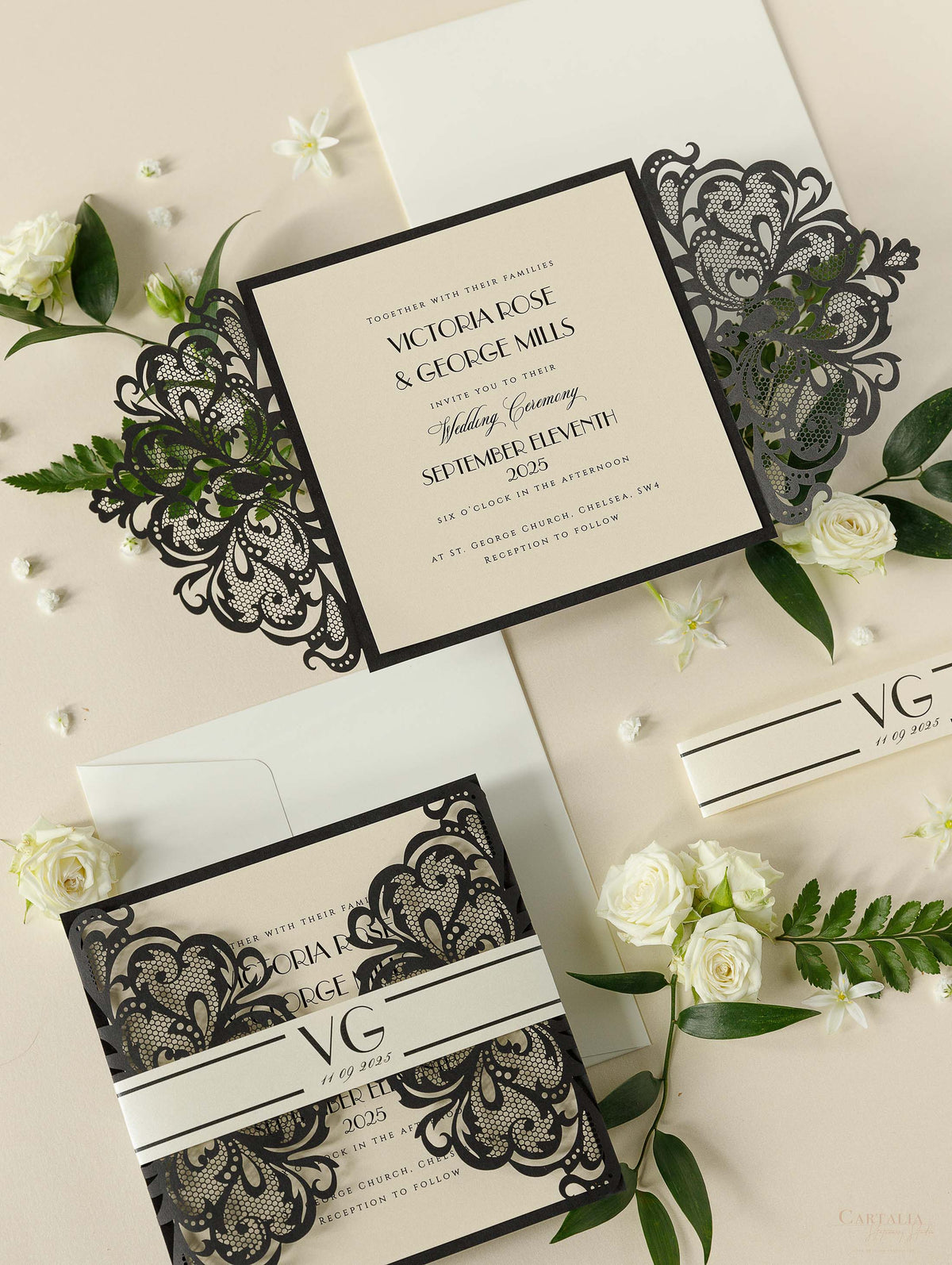 Art Deco Great Gatsby Luxury Gatefold Laser cut Set Invitación de boda con monograma Belly Band + RSVP + Sobres