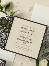 Art déco Great Gatsby Luxury Gatefold Laser Cut Set Invitation de mariage avec monogramme Boully Band + RSVP + Enveloppes