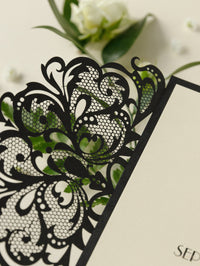 Art Deco Great Gatsby Luxury Gatefold Laser cut Set Invitación de boda con monograma Belly Band + RSVP + Sobres