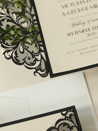 Art Deco Great Gatsby Luxury Gatefold Laser cut Set Wedding Invitation with Monogram Belly Band+ RSVP + Envelopes