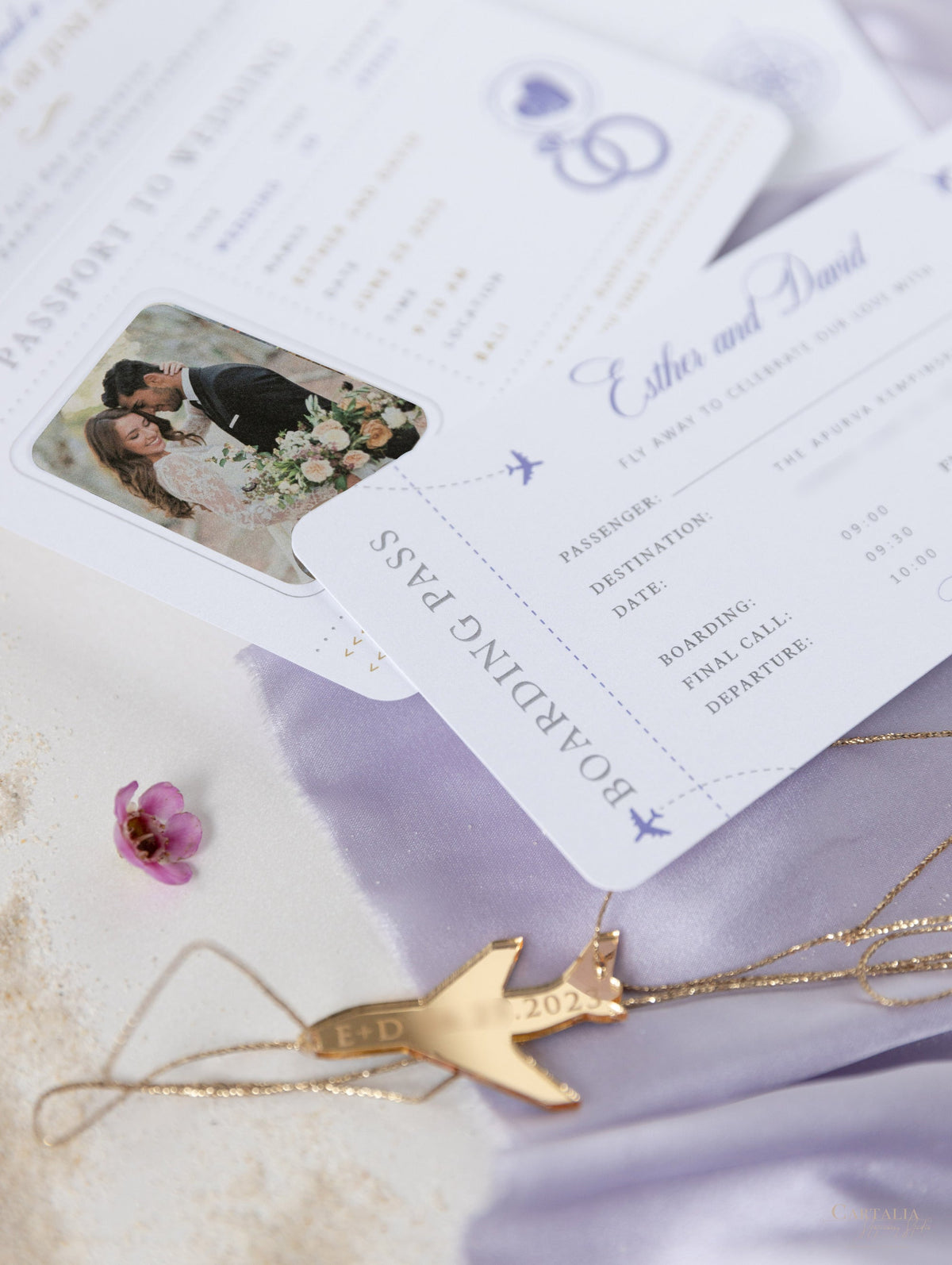 Lilac FOLDER Wallet : Luxury Silver Wedding Passport Invite in Pocket & Mirror Plane Tag Passport Invitation Suite