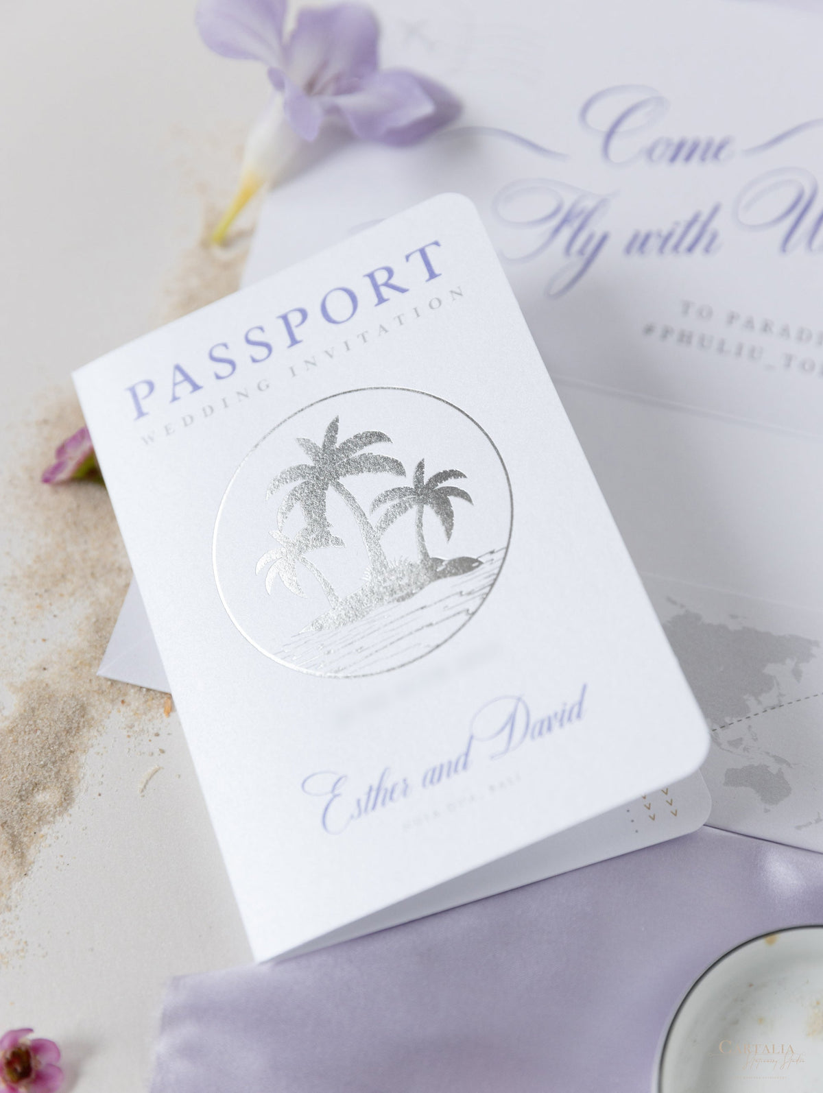 Lilac FOLDER Wallet : Luxury Silver Wedding Passport Invite in Pocket & Mirror Plane Tag Passport Invitation Suite