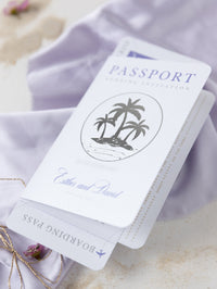 Cartera Lila FOLDER: Invitación de pasaporte de boda plateada de lujo en suite de invitación de pasaporte con etiqueta plana de bolsillo y espejo