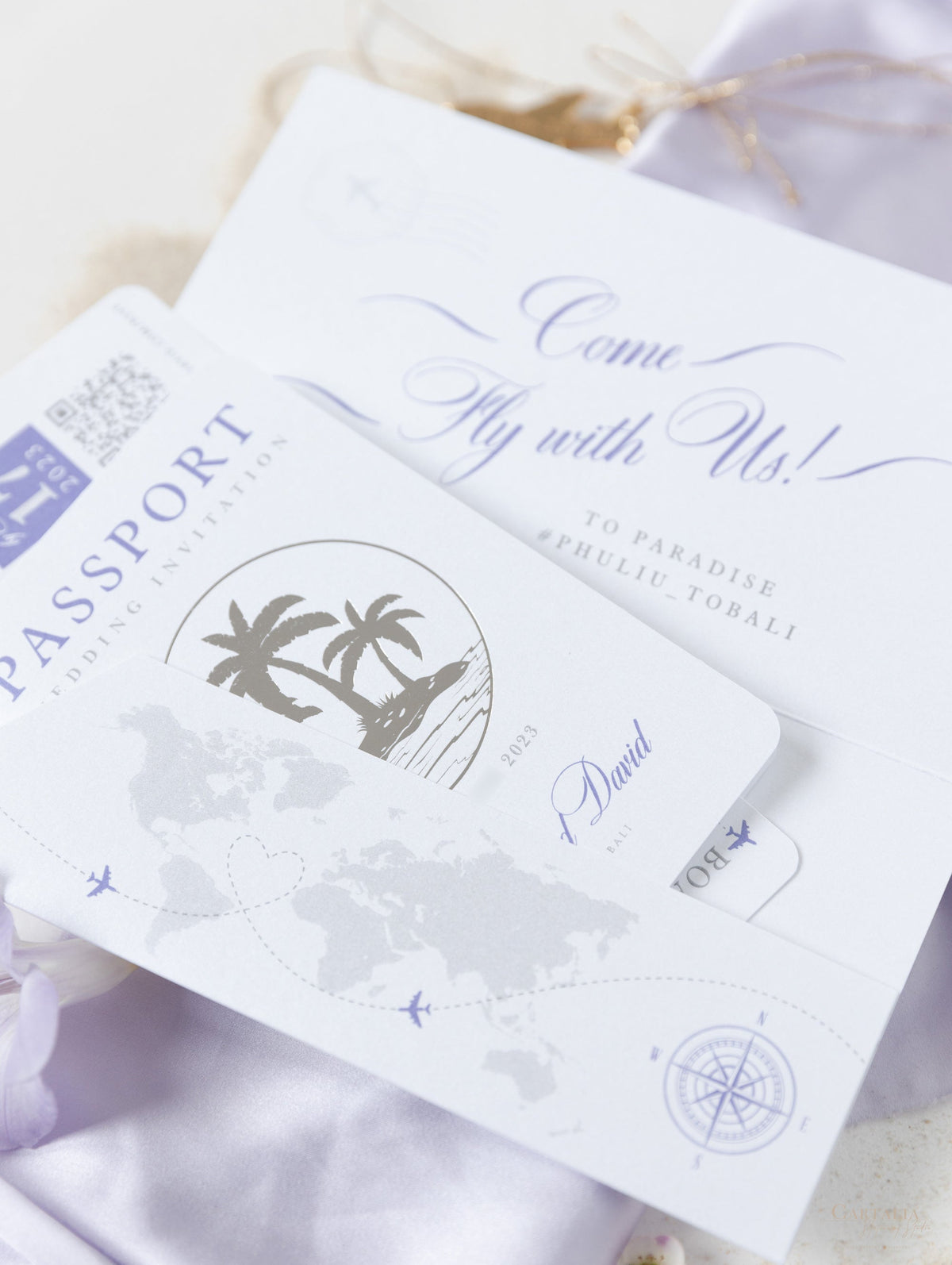 Lilac FOLDER Wallet : Luxury Silver Wedding Passport Invite in Pocket & Mirror Plane Tag Passport Invitation Suite