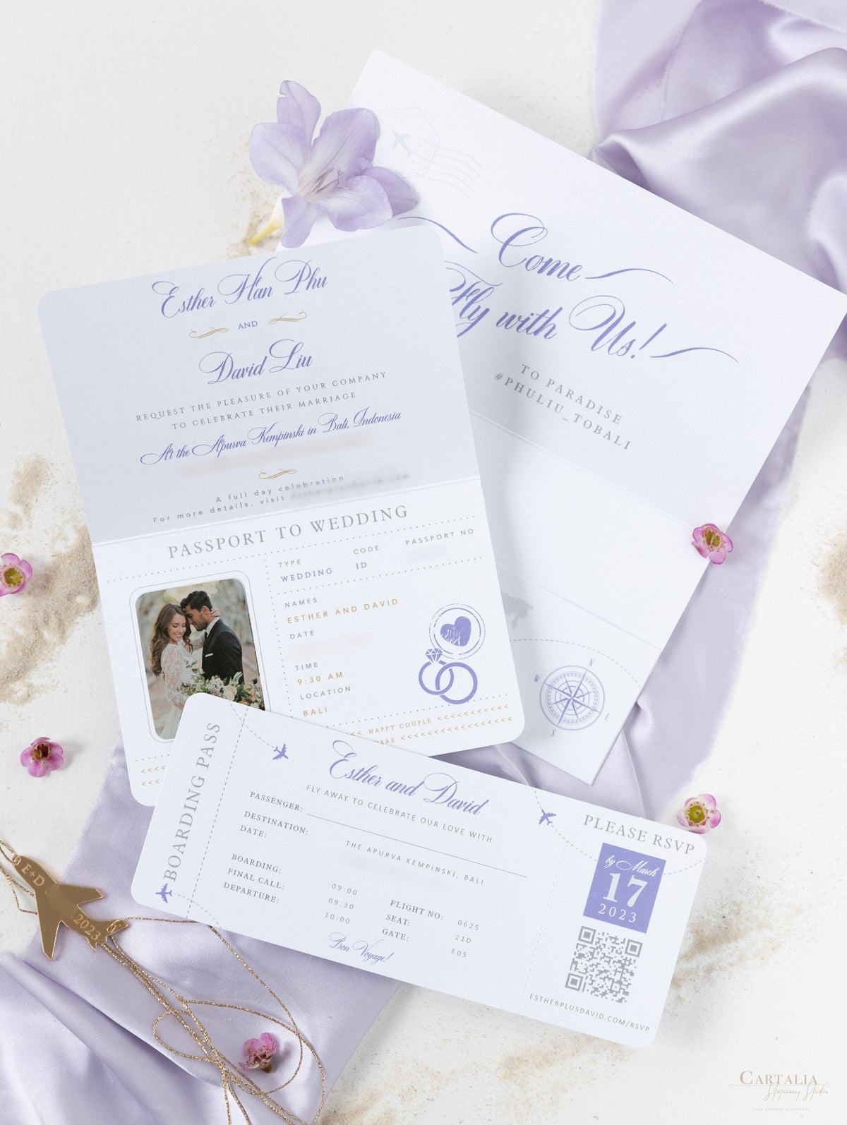 Lilac FOLDER Wallet : Luxury Silver Wedding Passport Invite in Pocket & Mirror Plane Tag Passport Invitation Suite