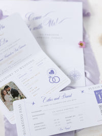 Lilac FOLDER Wallet : Luxury Silver Wedding Passport Invite in Pocket & Mirror Plane Tag Passport Invitation Suite