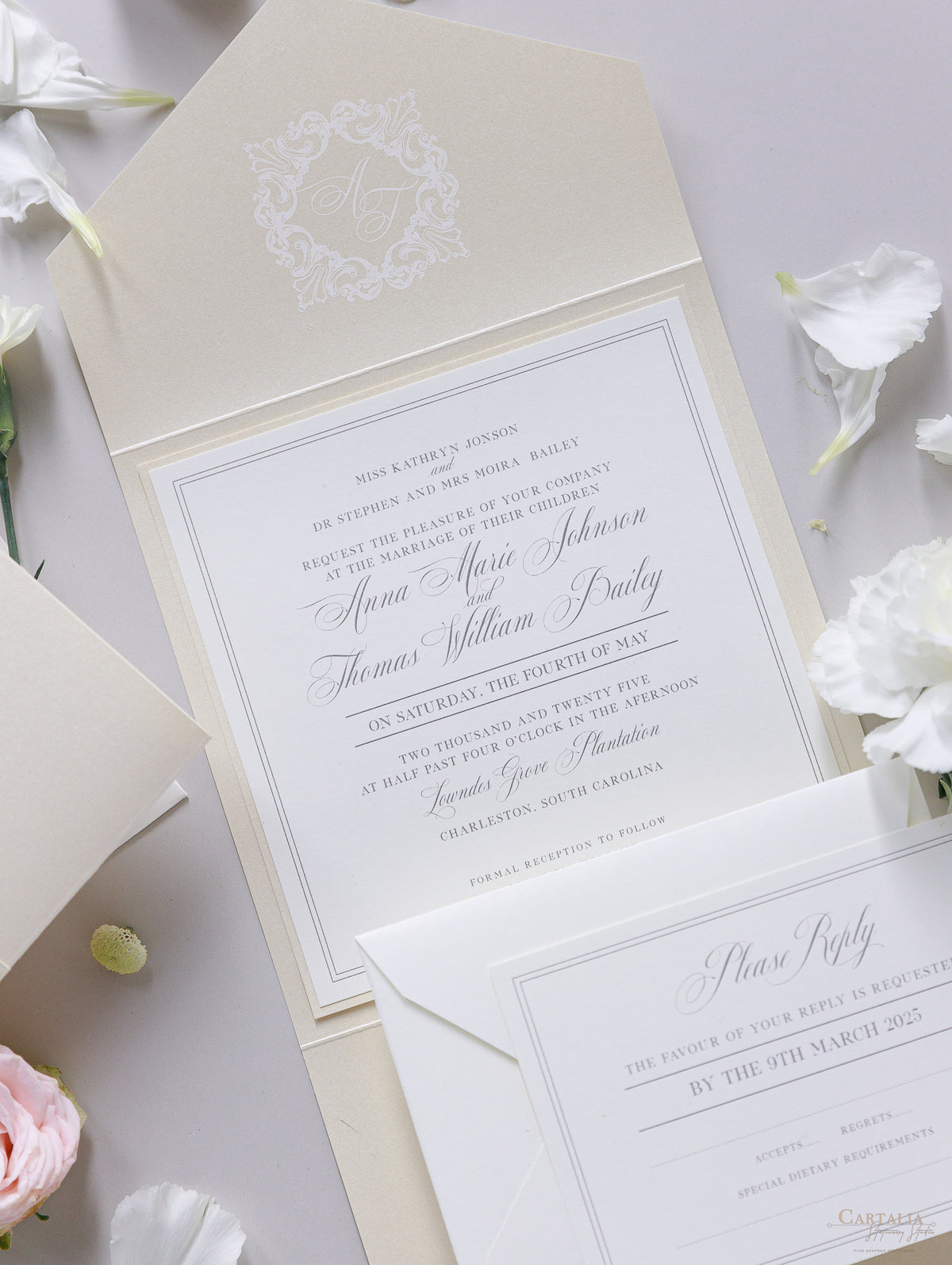 Luxury Timeless Champagne Pearlised Folder Pocket with Rsvp Card