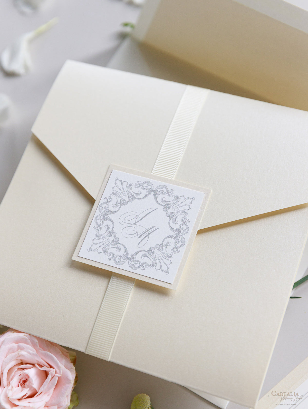 Luxury Timeless Champagne Pearlised Folder Pocket with Rsvp Card