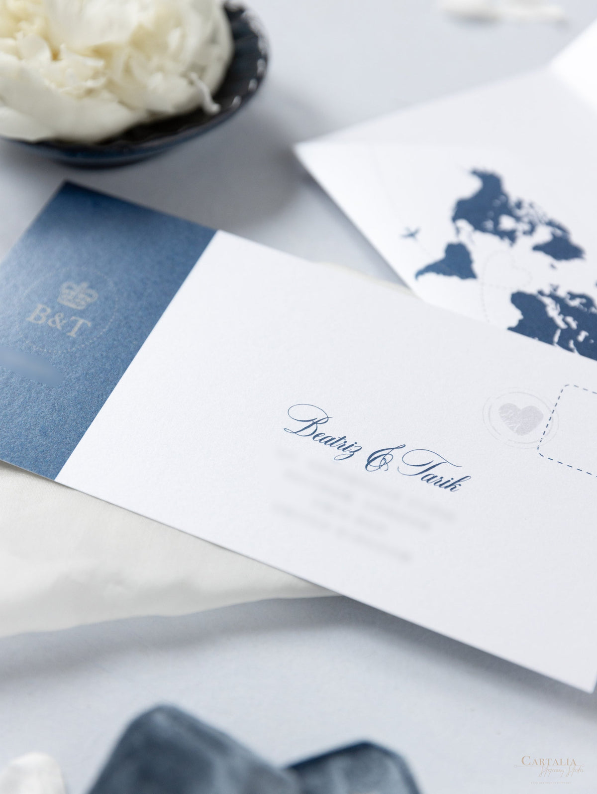 Silver & Navy Blue FOLDER Travel Wallet: Luxury Wedding Passport Invitation Suite in Pocket & Mirror Tag