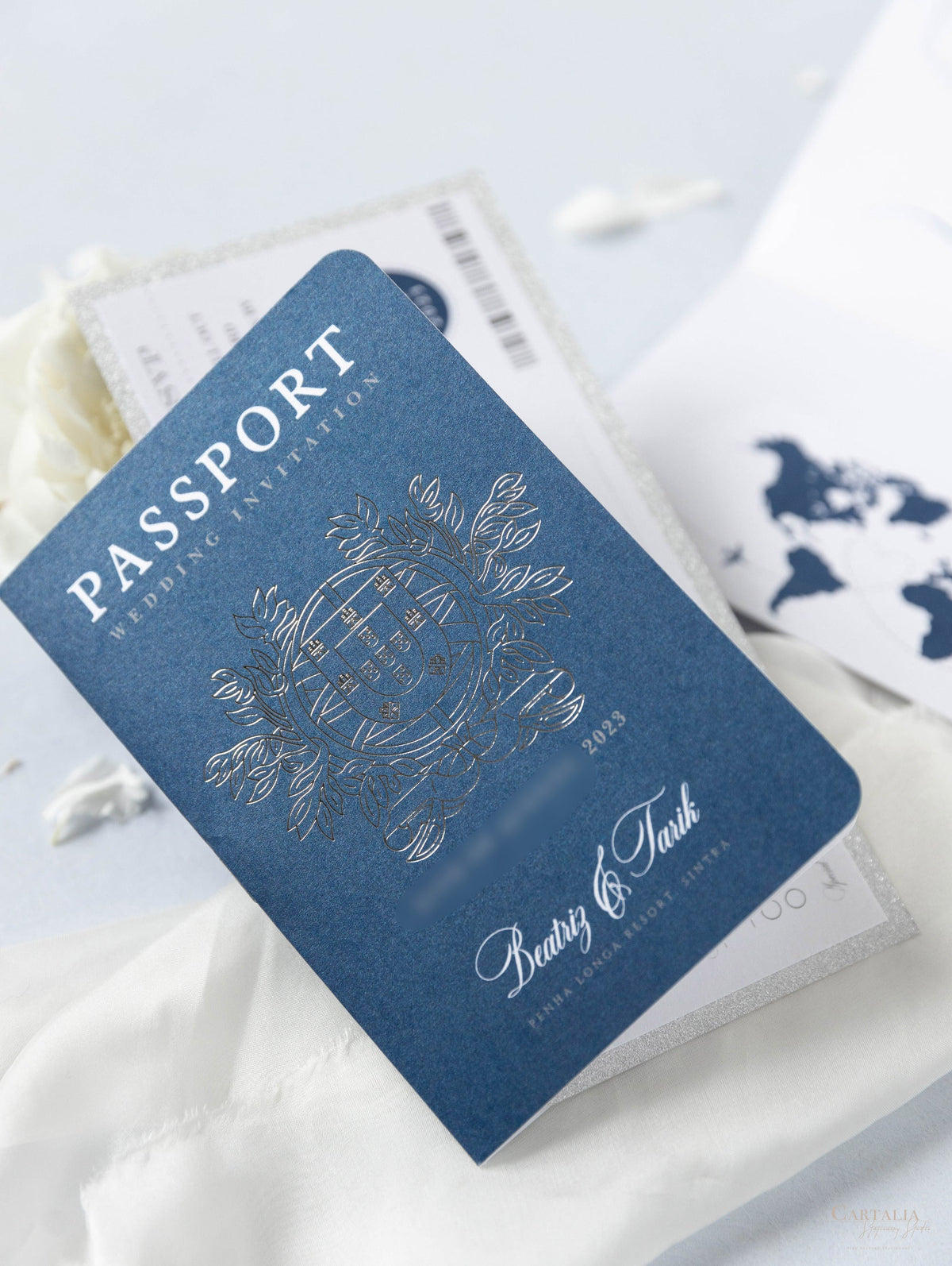 Silver & Navy Blue FOLDER Travel Wallet: Luxury Wedding Passport Invitation Suite in Pocket & Mirror Tag