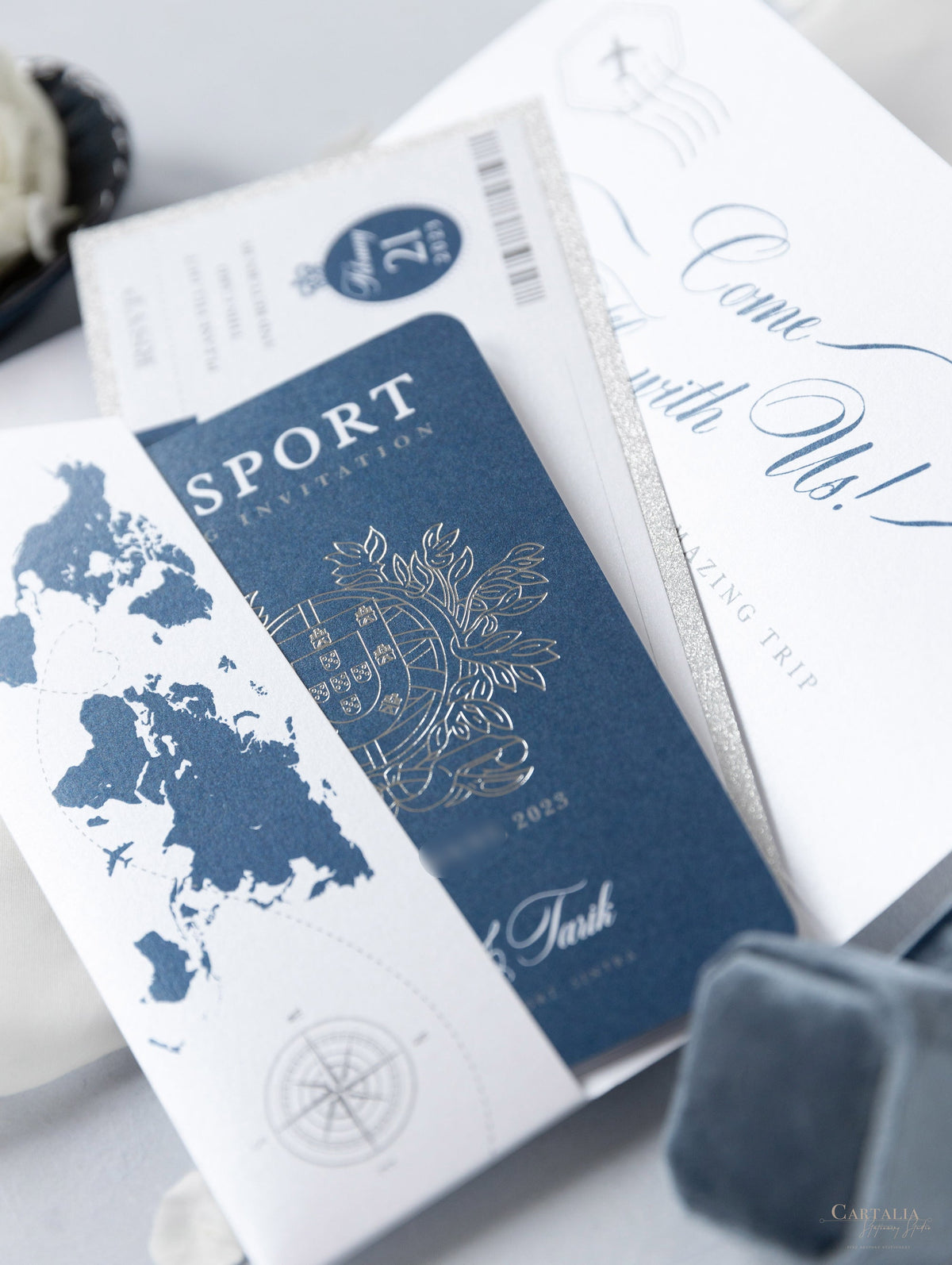 Silver & Navy Blue FOLDER Travel Wallet: Luxury Wedding Passport Invitation Suite in Pocket & Mirror Tag