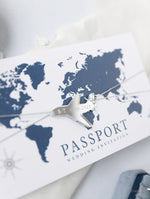 Portafoglio da viaggio FOLDER argento e blu navy: lussuosa suite per inviti per passaporto di nozze in tasca e etichetta a specchio