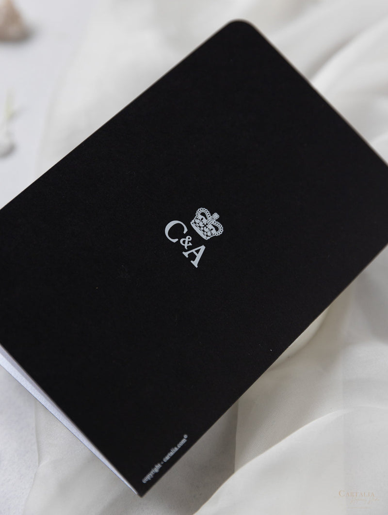 Suite per inviti di nozze con passaporto di lusso nero con glitter argento e vera lamina d'argento
