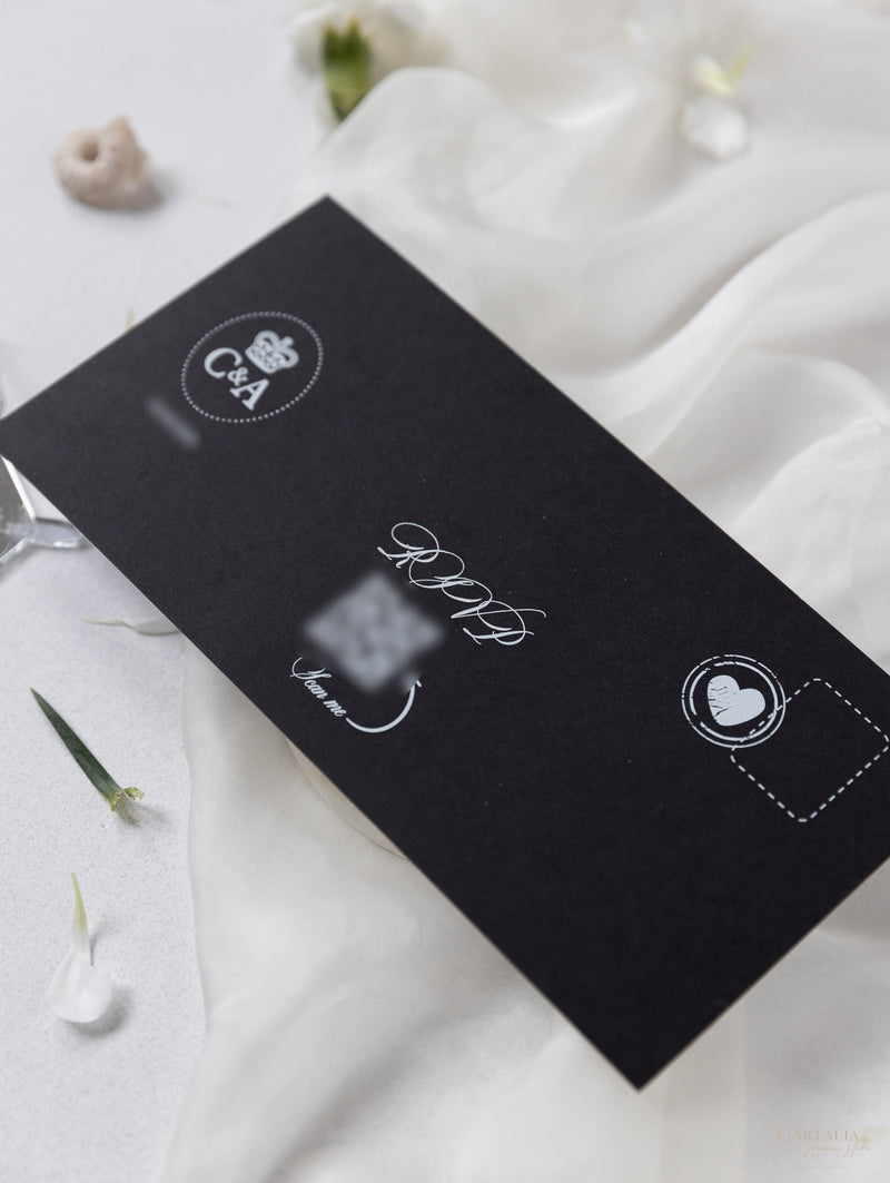 Suite per inviti di nozze con passaporto di lusso nero con glitter argento e vera lamina d'argento