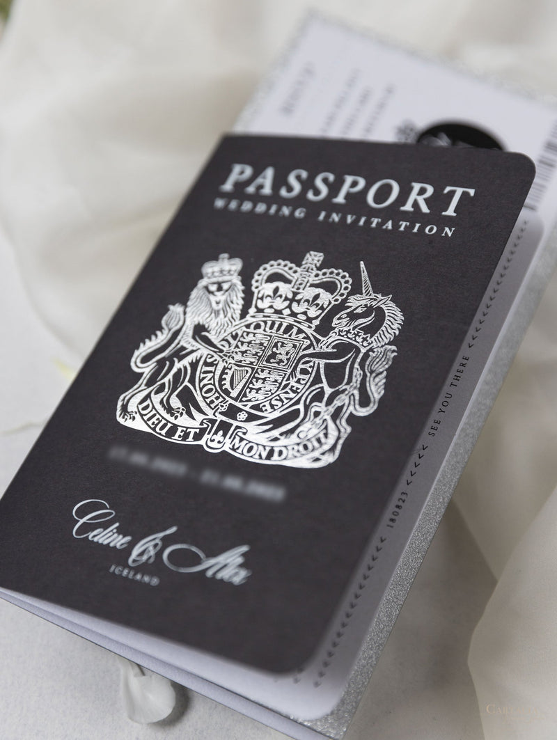 Suite per inviti di nozze con passaporto di lusso nero con glitter argento e vera lamina d'argento