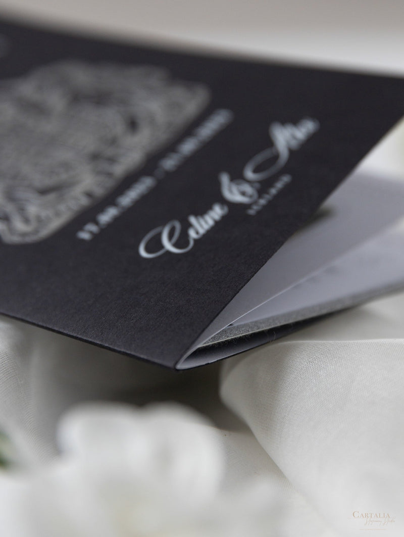 Suite per inviti di nozze con passaporto di lusso nero con glitter argento e vera lamina d'argento