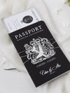 Suite per inviti di nozze con passaporto di lusso nero con glitter argento e vera lamina d'argento