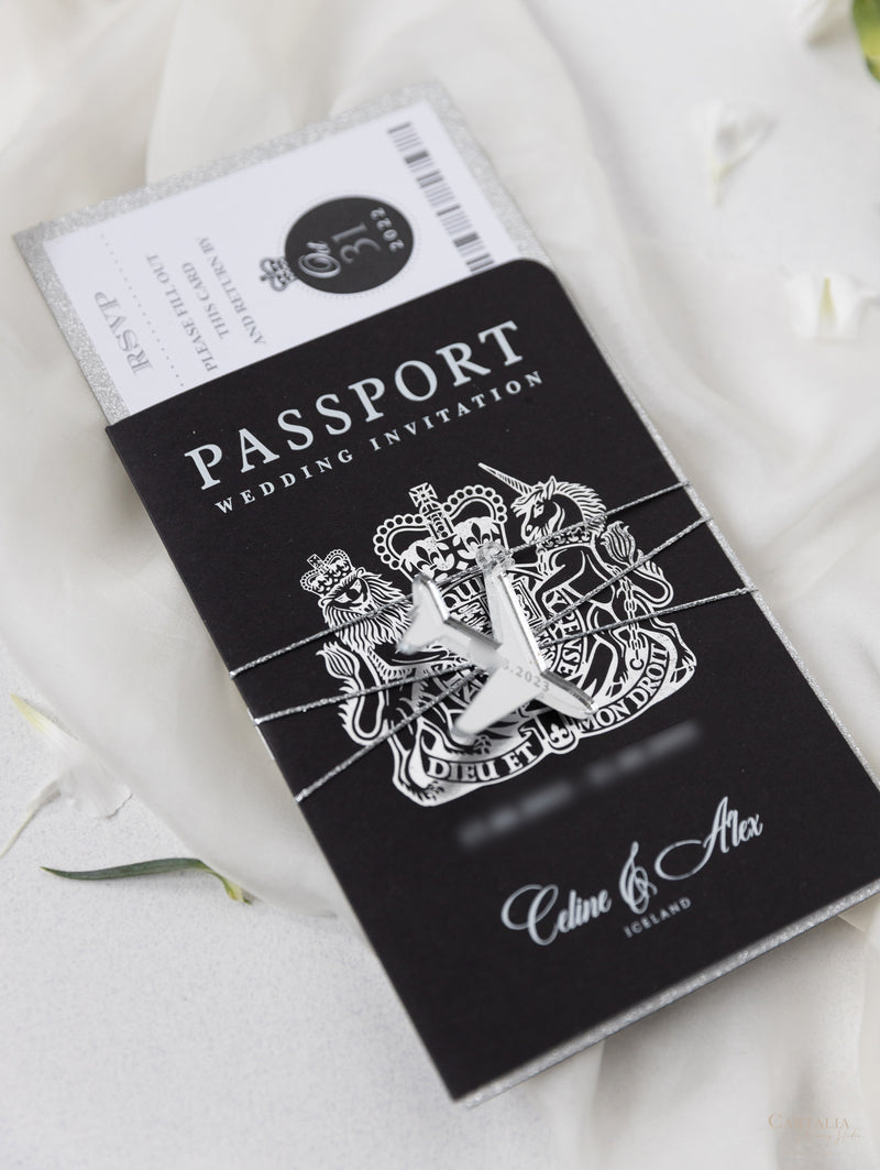 Suite per inviti di nozze con passaporto di lusso nero con glitter argento e vera lamina d'argento