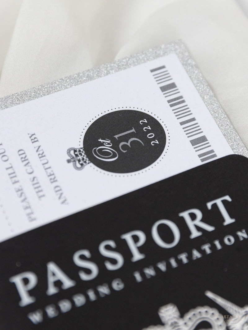 Suite per inviti di nozze con passaporto di lusso nero con glitter argento e vera lamina d'argento