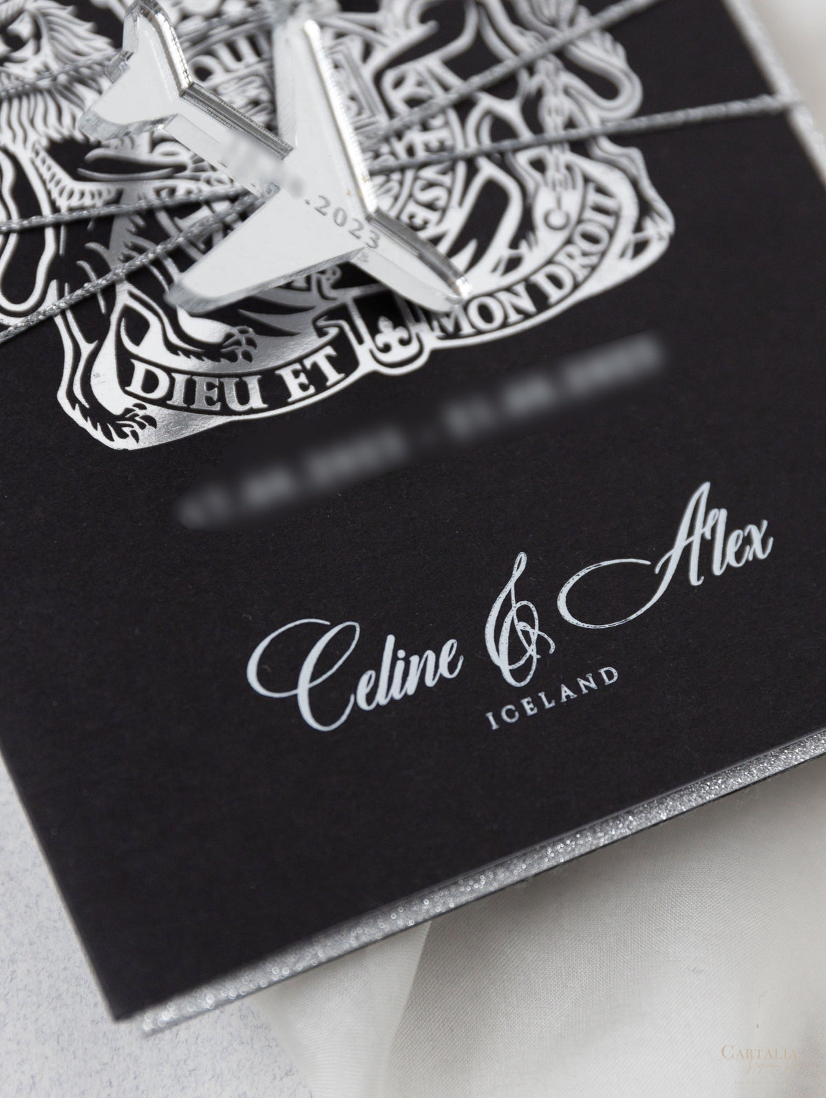 Black Luxury Passport Wedding Invitation Suite avec des paillettes argentées et un vrai papier d'or