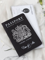 Suite per inviti di nozze con passaporto di lusso nero con glitter argento e vera lamina d'argento