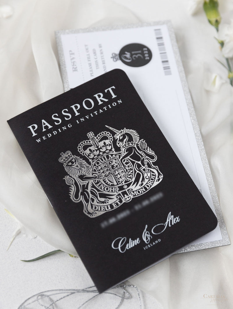 Suite per inviti di nozze con passaporto di lusso nero con glitter argento e vera lamina d'argento