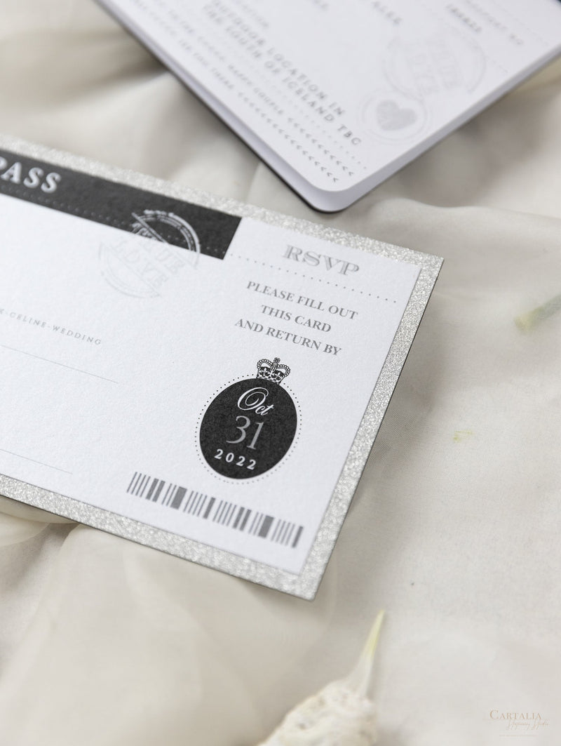 Suite per inviti di nozze con passaporto di lusso nero con glitter argento e vera lamina d'argento