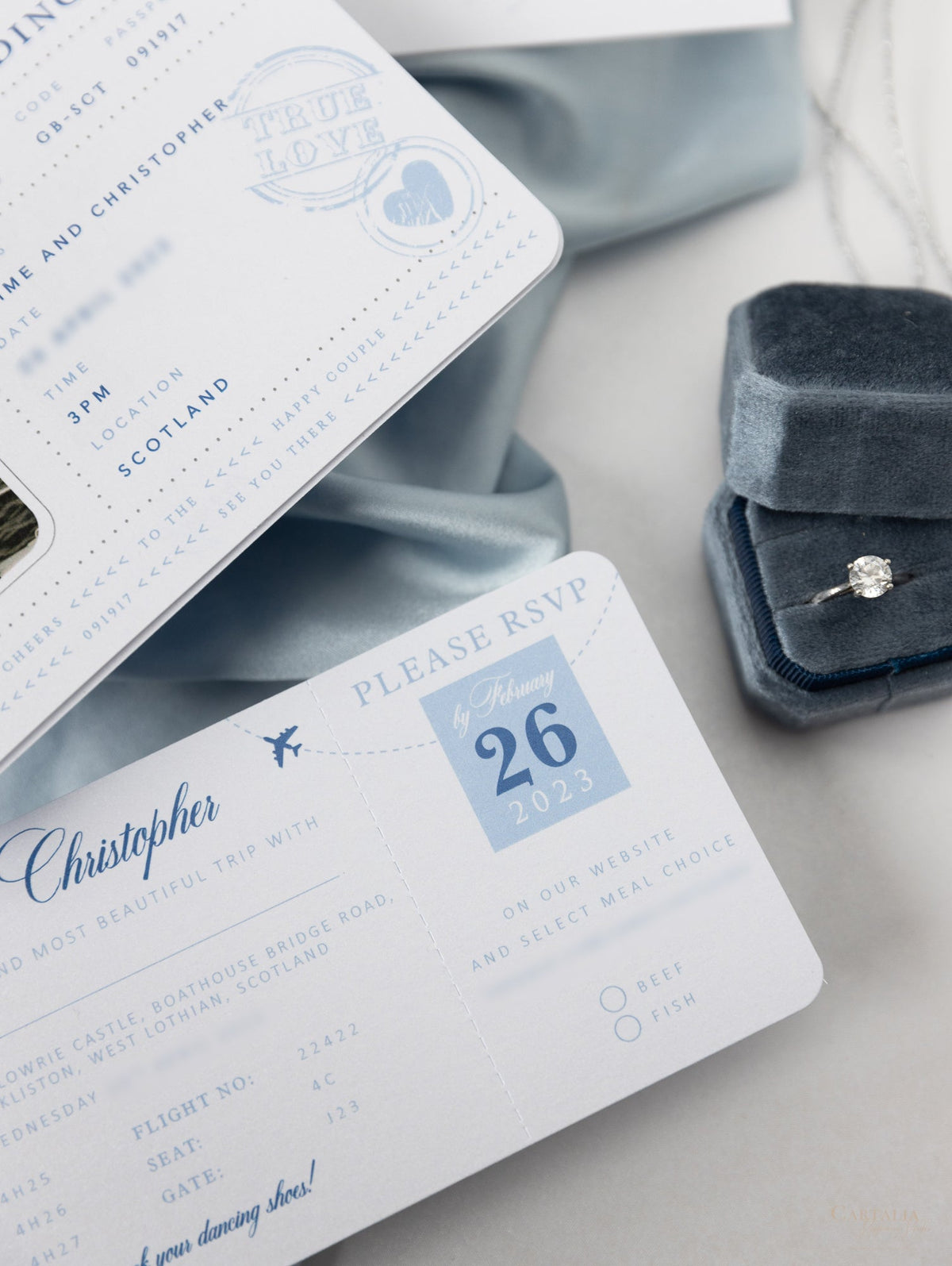 FOLDER Travel Wallet : Luxury Dusty Blue Wedding Passport Invite in Pocket & Silver Mirror Tag Passport Invitation Suite