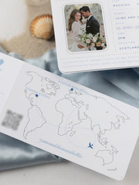 Dossier Voyage Portefeuille: Luxury Dusty Blue Wedding Passport Invite in Pocket & Silver Mirror Tag Passport Invitation Suite