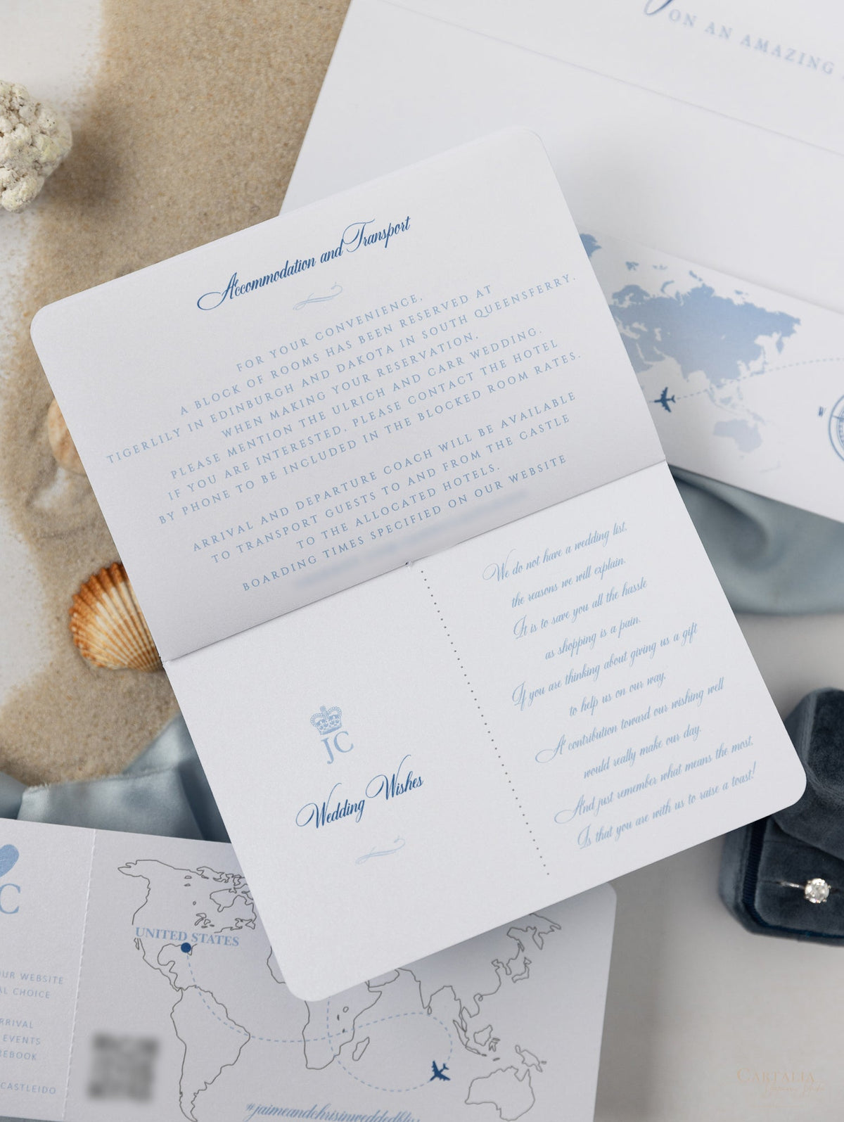 FOLDER Travel Wallet : Luxury Dusty Blue Wedding Passport Invite in Pocket & Silver Mirror Tag Passport Invitation Suite