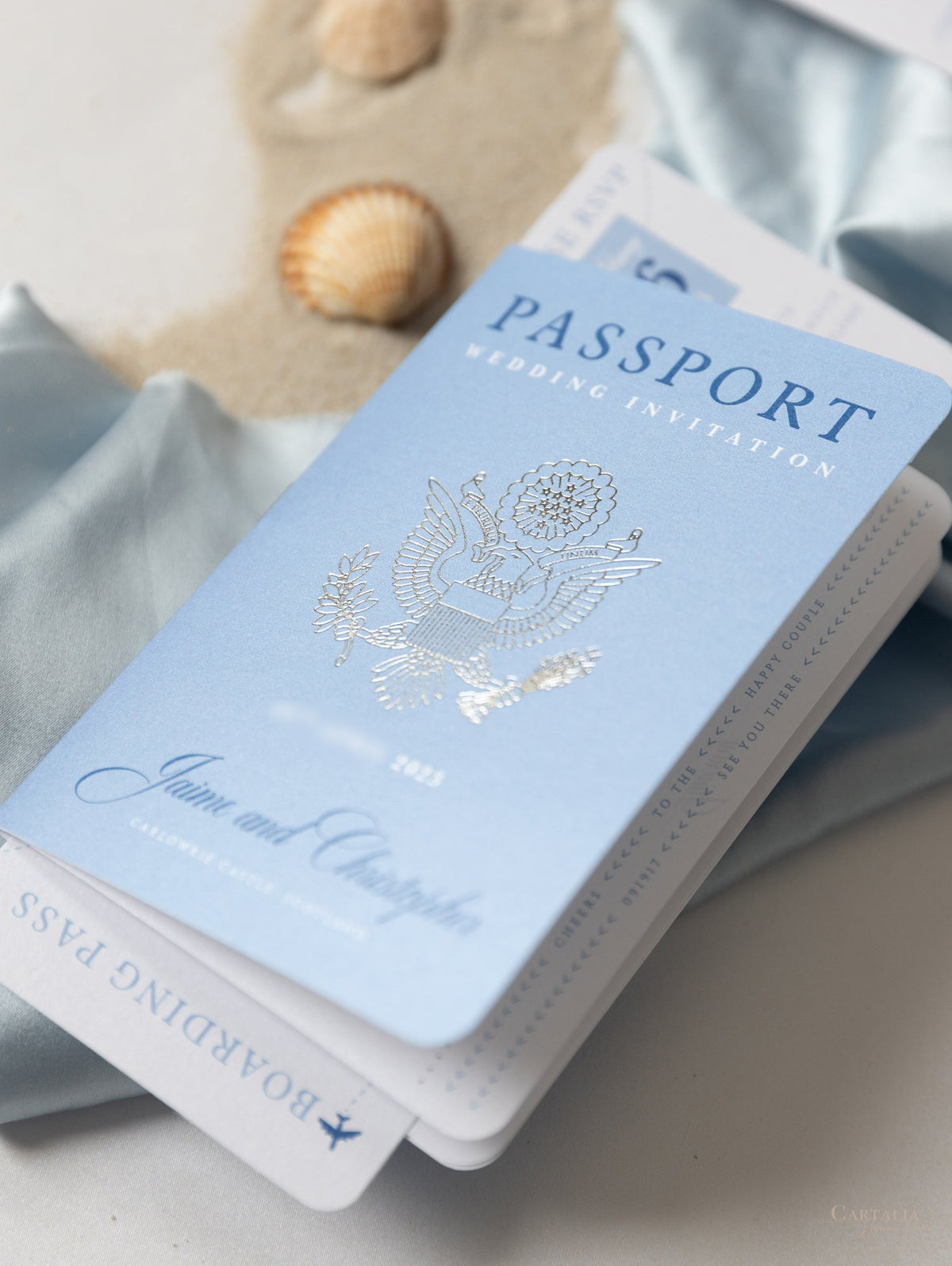 Dossier Voyage Portefeuille: Luxury Dusty Blue Wedding Passport Invite in Pocket & Silver Mirror Tag Passport Invitation Suite