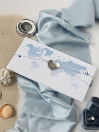 Dossier Voyage Portefeuille: Luxury Dusty Blue Wedding Passport Invite in Pocket & Silver Mirror Tag Passport Invitation Suite