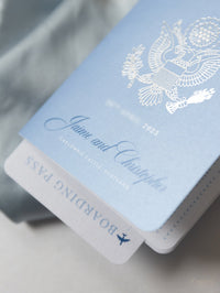 Dossier Voyage Portefeuille: Luxury Dusty Blue Wedding Passport Invite in Pocket & Silver Mirror Tag Passport Invitation Suite