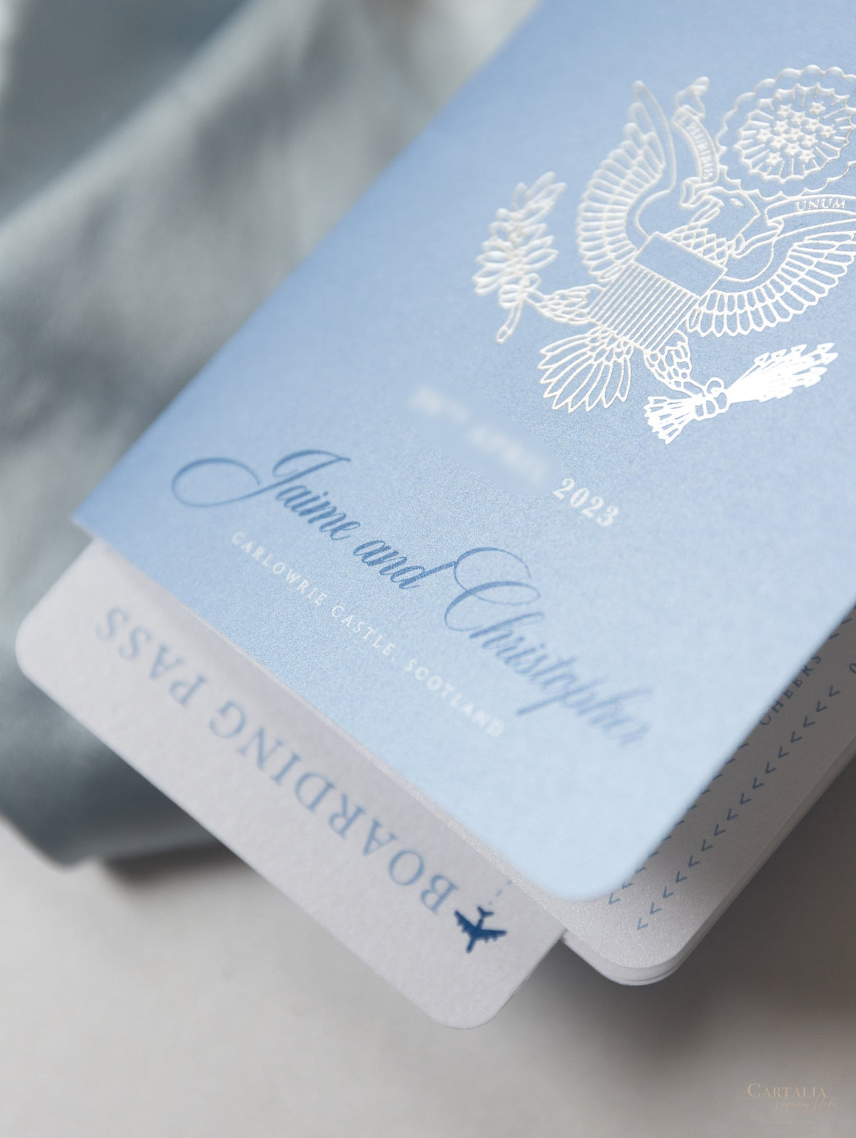 FOLDER Travel Wallet : Luxury Dusty Blue Wedding Passport Invite in Pocket & Silver Mirror Tag Passport Invitation Suite