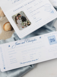 FOLDER Travel Wallet : Luxury Dusty Blue Wedding Passport Invite in Pocket & Silver Mirror Tag Passport Invitation Suite