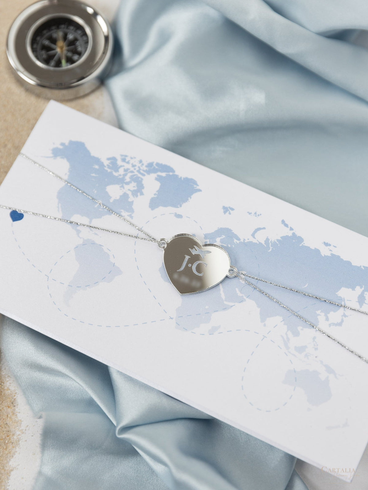 FOLDER Travel Wallet : Luxury Dusty Blue Wedding Passport Invite in Pocket & Silver Mirror Tag Passport Invitation Suite