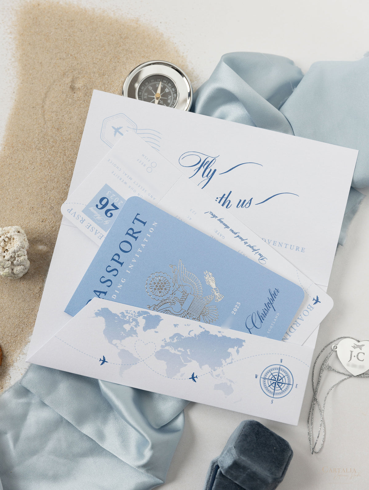 FOLDER Travel Wallet : Luxury Dusty Blue Wedding Passport Invite in Pocket & Silver Mirror Tag Passport Invitation Suite