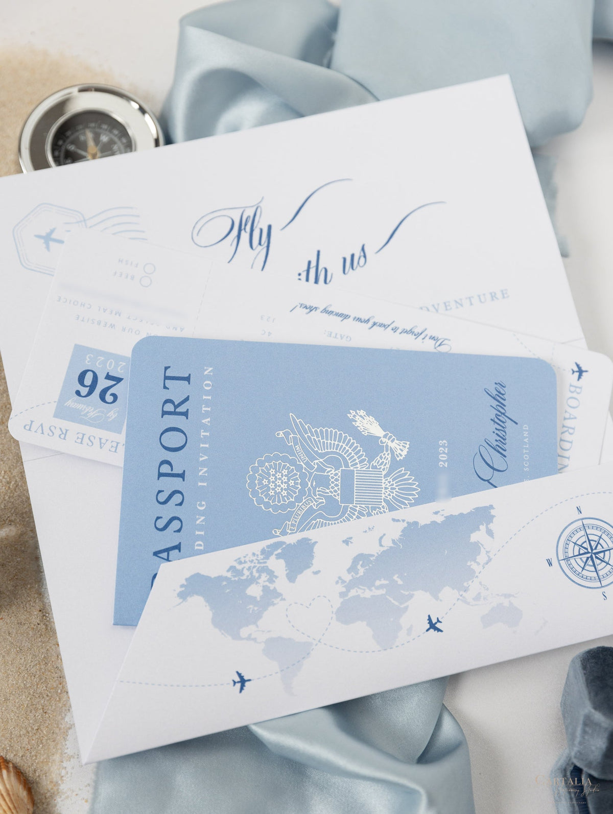 FOLDER Travel Wallet : Luxury Dusty Blue Wedding Passport Invite in Pocket & Silver Mirror Tag Passport Invitation Suite