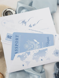 Dossier Voyage Portefeuille: Luxury Dusty Blue Wedding Passport Invite in Pocket & Silver Mirror Tag Passport Invitation Suite