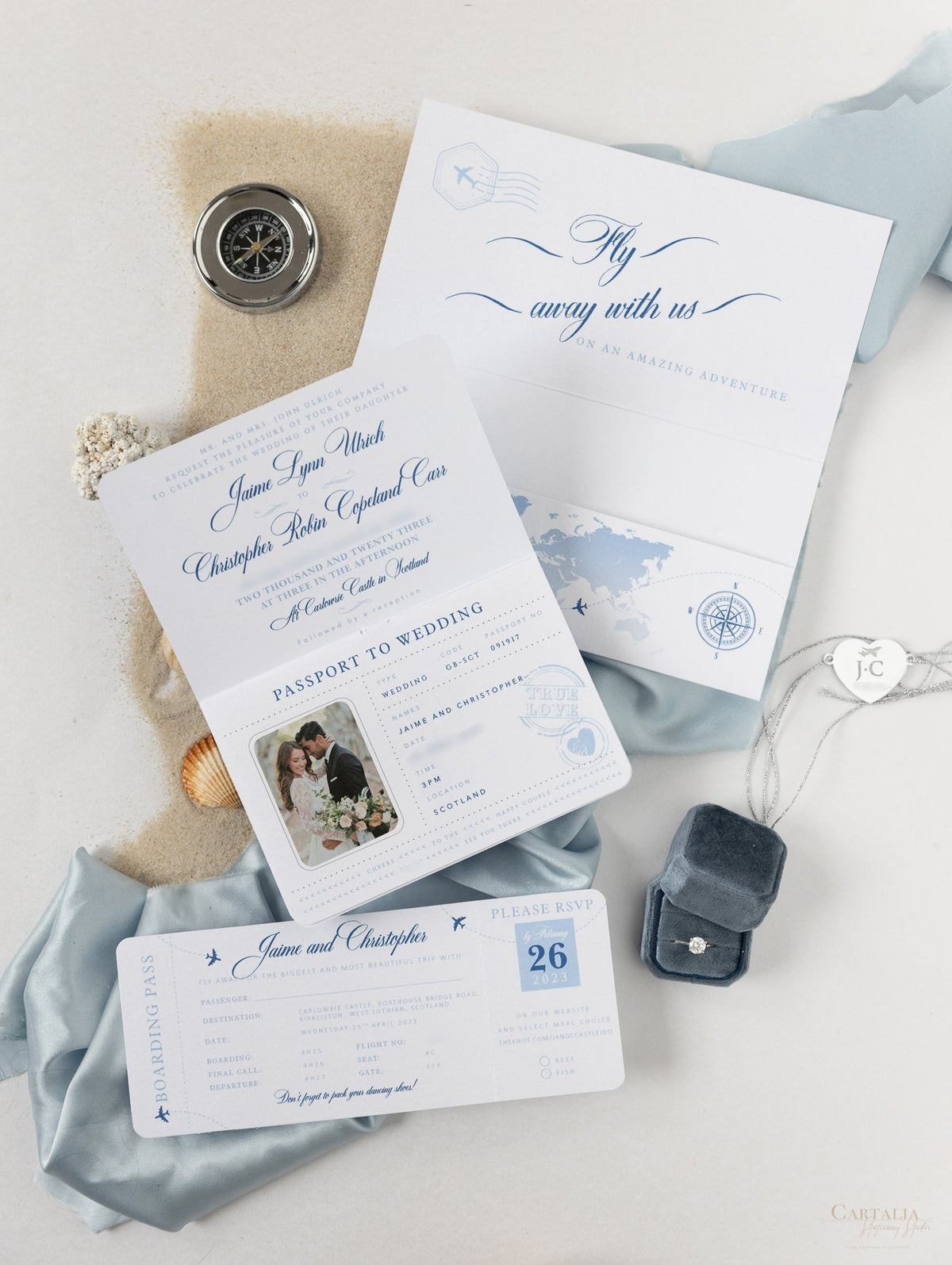 Dossier Voyage Portefeuille: Luxury Dusty Blue Wedding Passport Invite in Pocket & Silver Mirror Tag Passport Invitation Suite