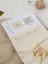 Invito a nozze con passaporto color nudo e oro - Aereo inciso di lusso in plexi dorato, invito a forma di palma