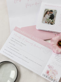 Blush Peony Travel Folder Wallet , Passport Invitation & Silver Mirror Plane Tag