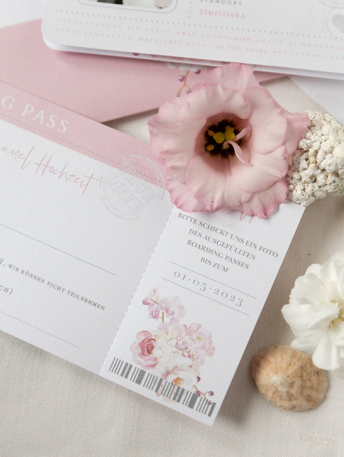 Carpeta de viaje Blush Peony, invitación para pasaporte y etiqueta de avión con espejo plateado