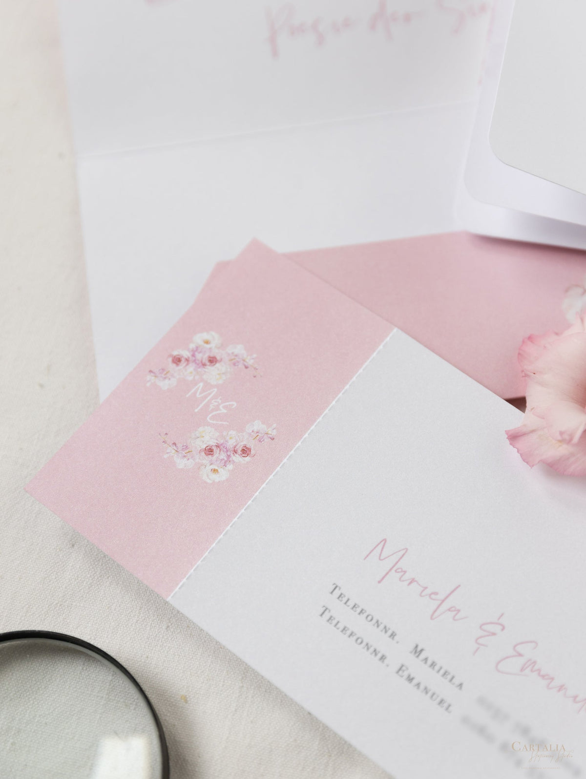 Carpeta de viaje Blush Peony, invitación para pasaporte y etiqueta de avión con espejo plateado