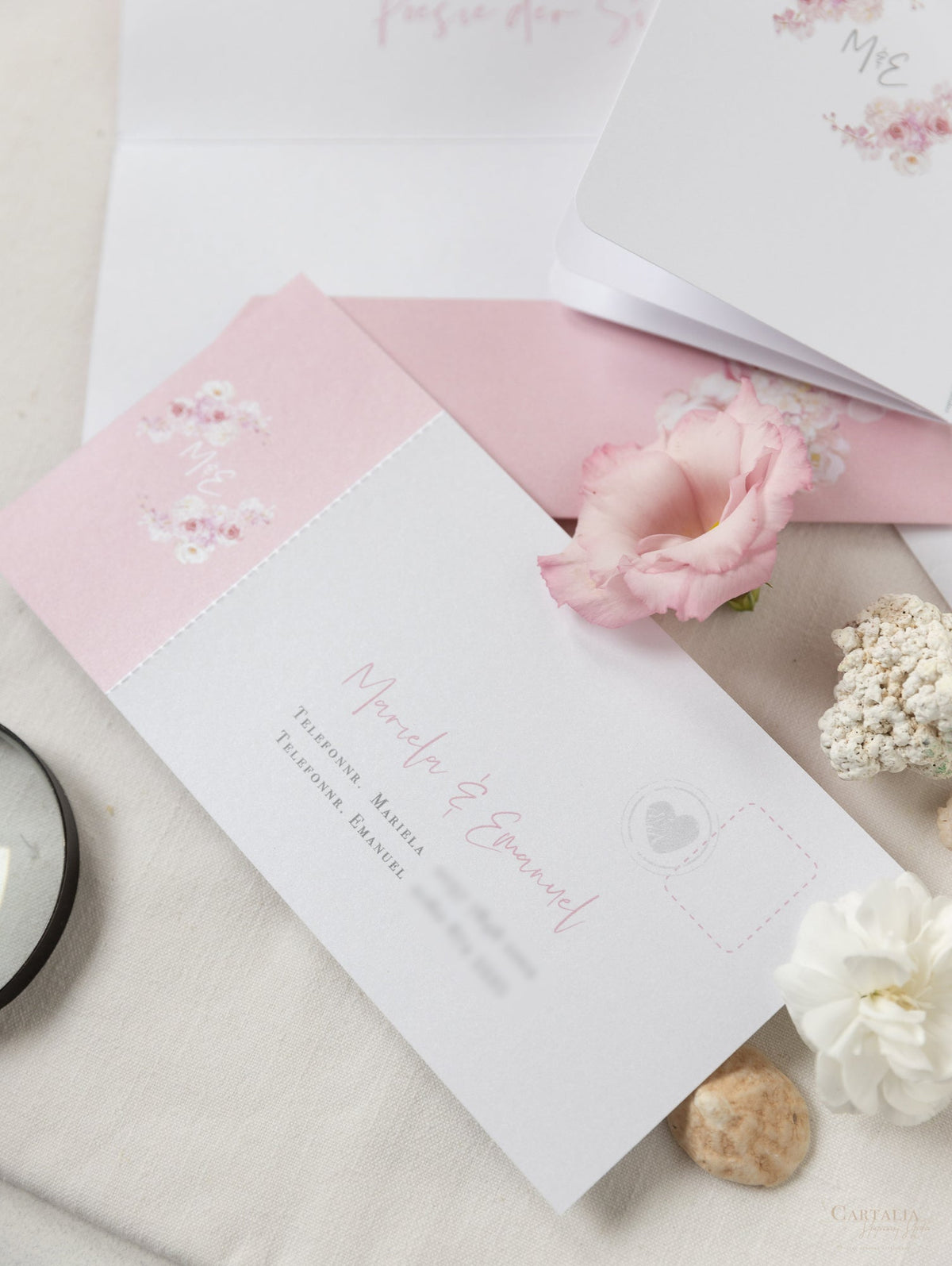 Carpeta de viaje Blush Peony, invitación para pasaporte y etiqueta de avión con espejo plateado