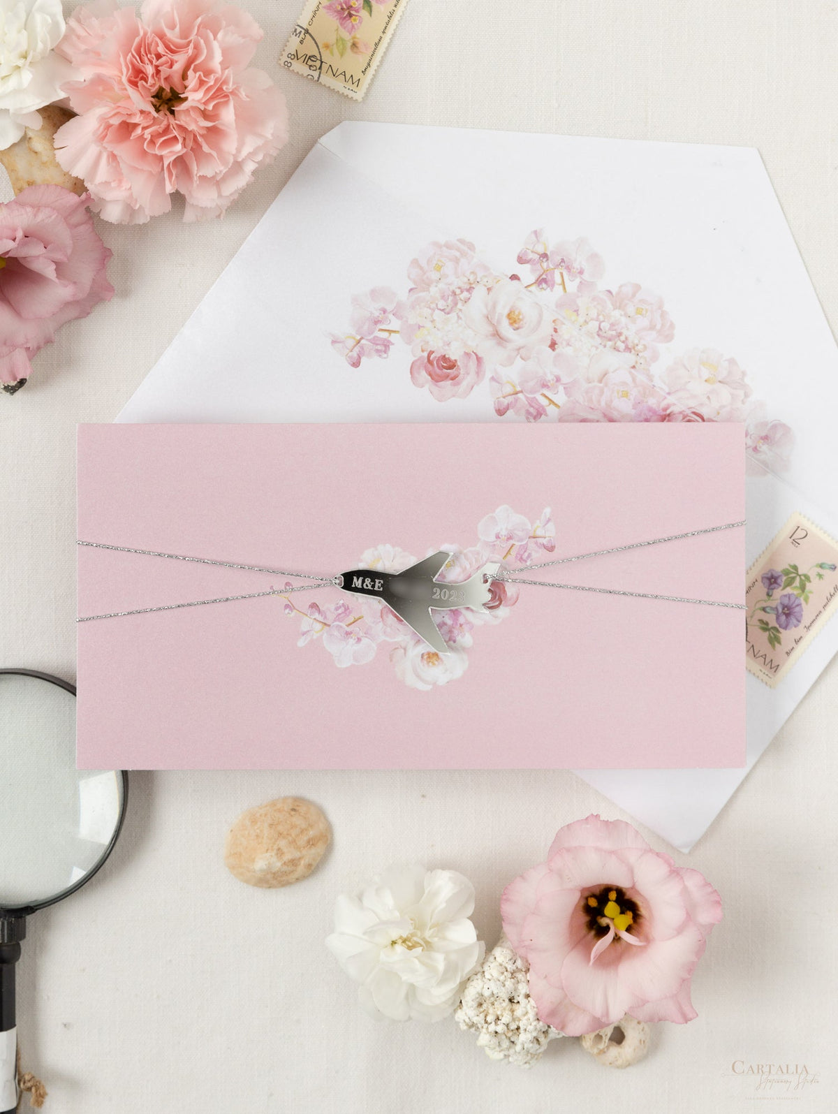 Blush Peony Travel Folder Wallet, Passport Invitation & Silver Mirror Plane Tag
